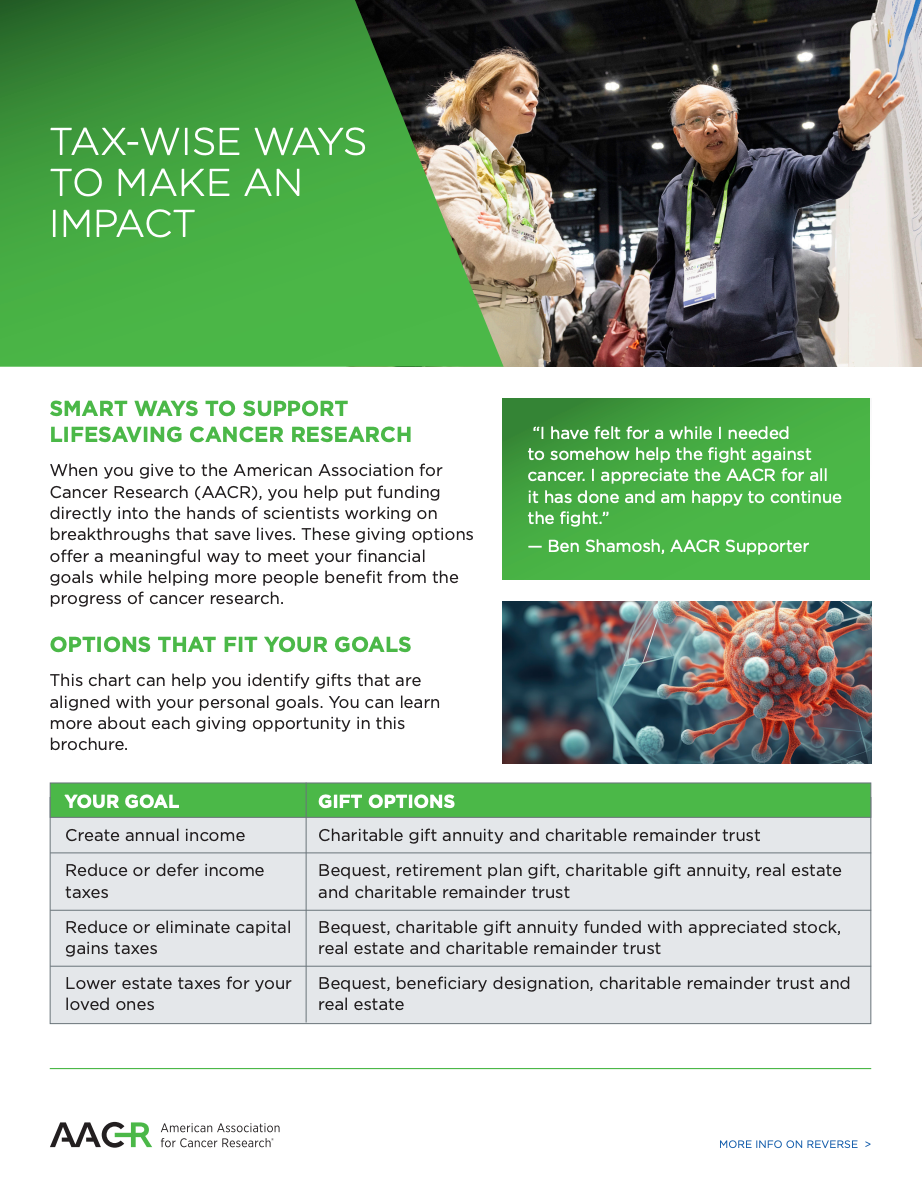 AACR - Tax-Wise Ways To Make An Impact Support The Future of My Favorite Charity brochure cover